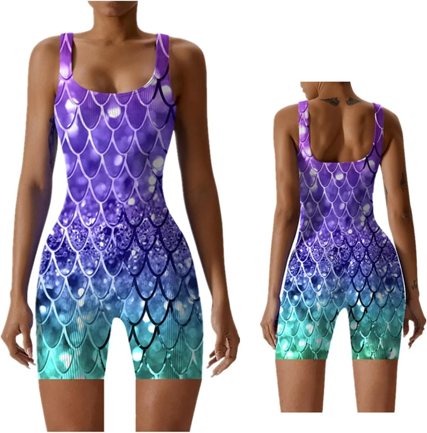 One Piece Swimsuits for Women Modest Trendy Fish Scale Print Square Neck Tummy Control Slim Fit Bodysuit Beach Swimwear