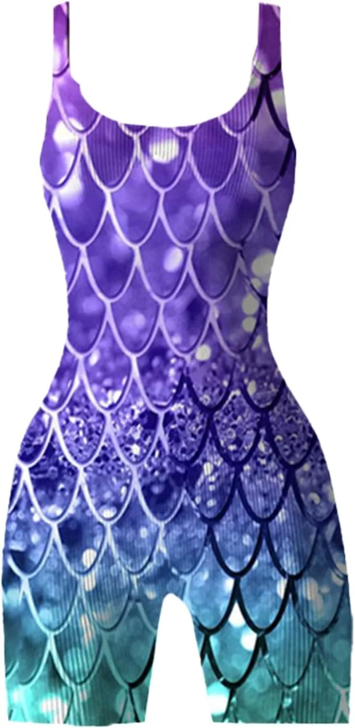 One Piece Swimsuits for Women Modest Trendy Fish Scale Print Square Neck Tummy Control Slim Fit Bodysuit Beach Swimwear