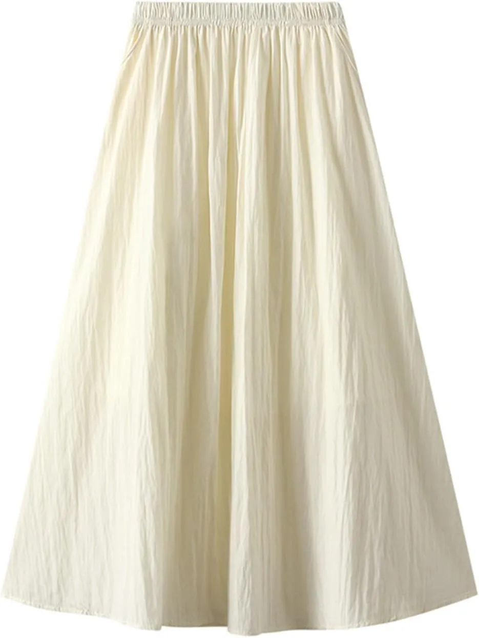 Oplxuo Skirts for Women Trendy Midi Skirt High Waisted Boho Beach Casual Pleated A-Line Swing Flowy Long Skirts with Pockets