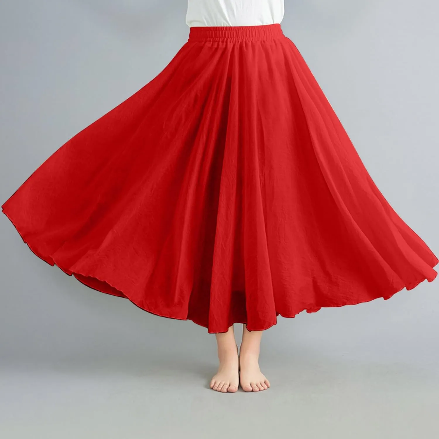 Oplxuo Women Bohemian Style Maxi Skirt High Elastic Waist Summer Vacation Flowy Swing Long Skirts