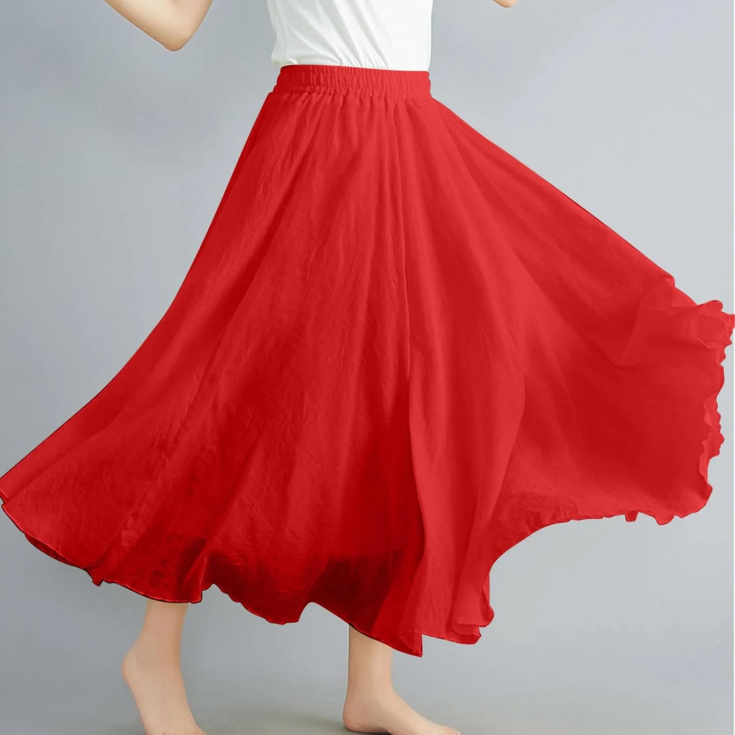 Oplxuo Women Bohemian Style Maxi Skirt High Elastic Waist Summer Vacation Flowy Swing Long Skirts