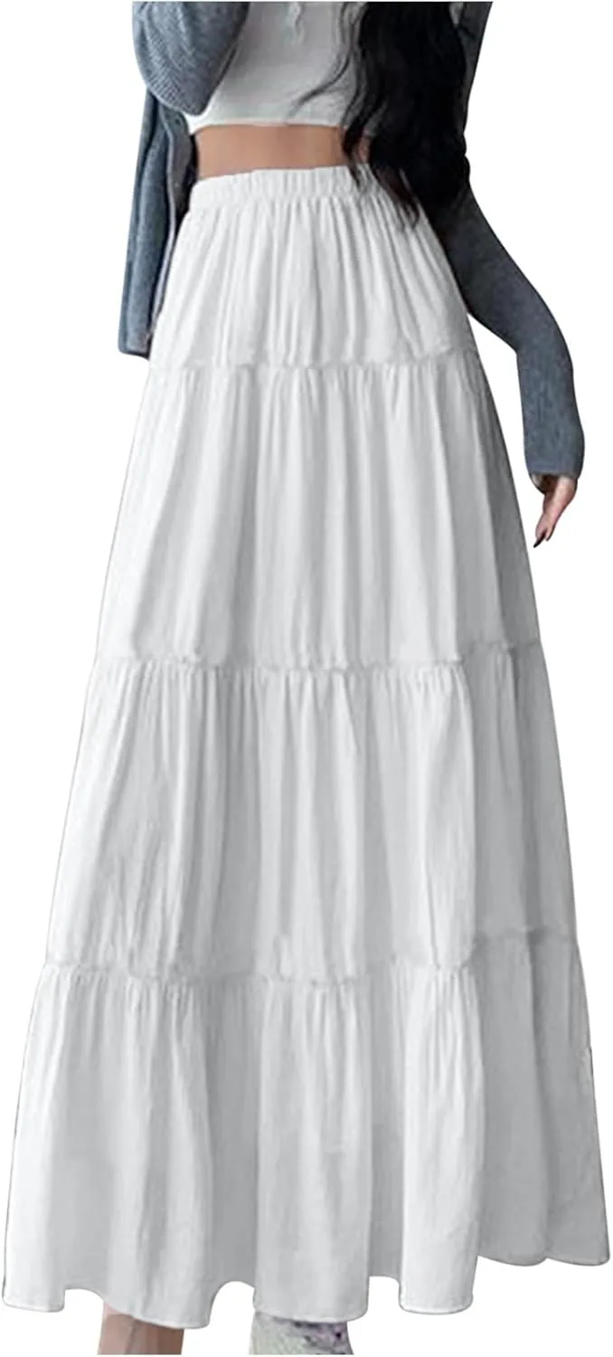 Oplxuo Women's Flowy Elastic High Waist Maxi Skirt A-Line Pleated Tiered Ruffle Midi Skirts Swing Flowy Prom Long Skirt