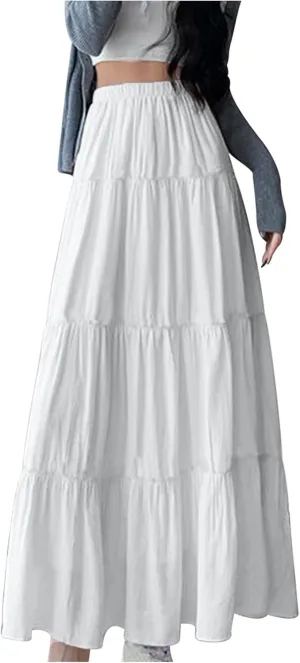 Oplxuo Women's Flowy Elastic High Waist Maxi Skirt A-Line Pleated Tiered Ruffle Midi Skirts Swing Flowy Prom Long Skirt