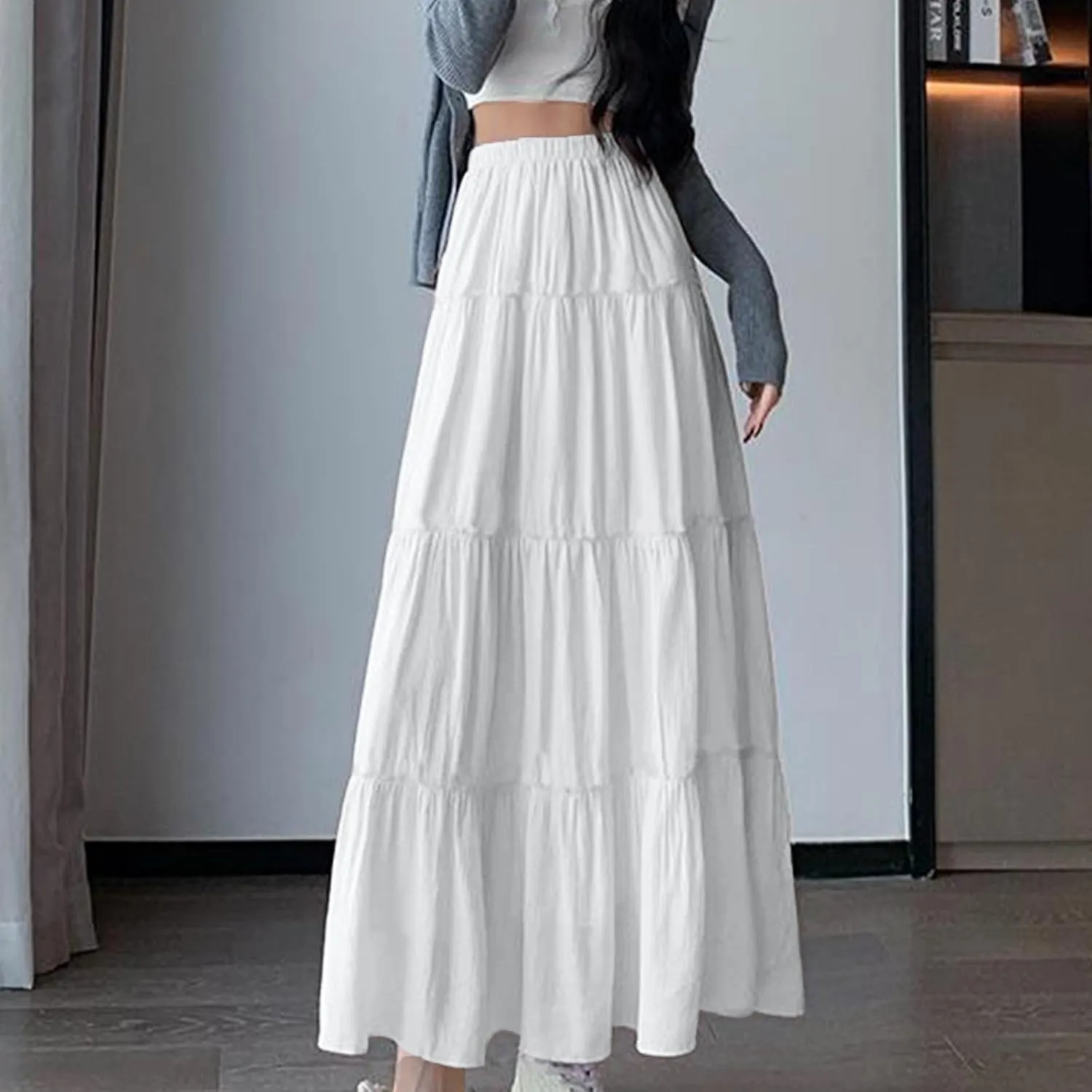Oplxuo Women's Flowy Elastic High Waist Maxi Skirt A-Line Pleated Tiered Ruffle Midi Skirts Swing Flowy Prom Long Skirt