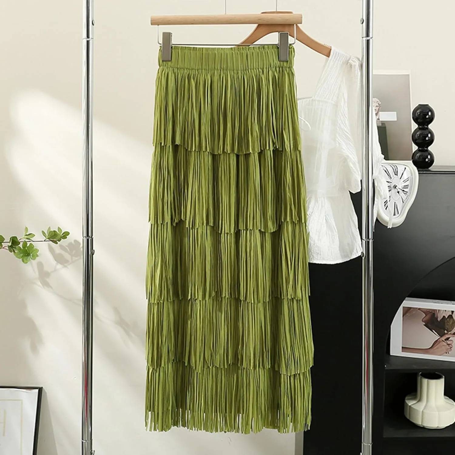 Oplxuo Women's Fringe Trim High Waist Long Skirts, Sexy Elegant Tiered Fringe Maxi Skirt High Waist Evening Party Work Skirt