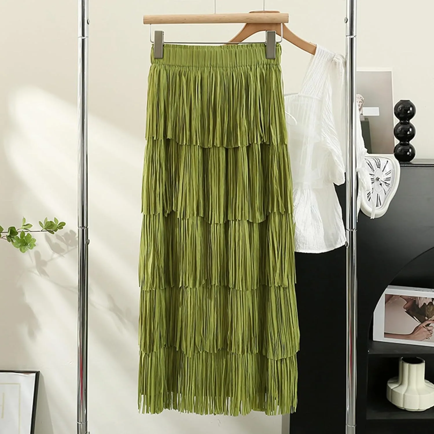 Oplxuo Women's Fringe Trim High Waist Long Skirts, Sexy Elegant Tiered Fringe Maxi Skirt High Waist Evening Party Work Skirt