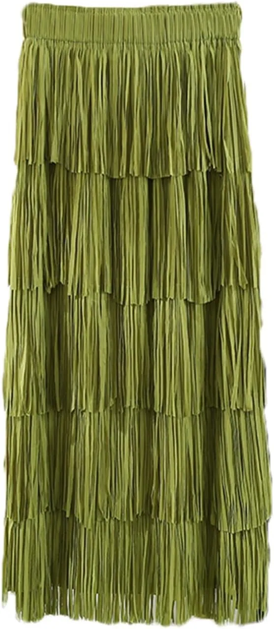 Oplxuo Women's Fringe Trim High Waist Long Skirts, Sexy Elegant Tiered Fringe Maxi Skirt High Waist Evening Party Work Skirt