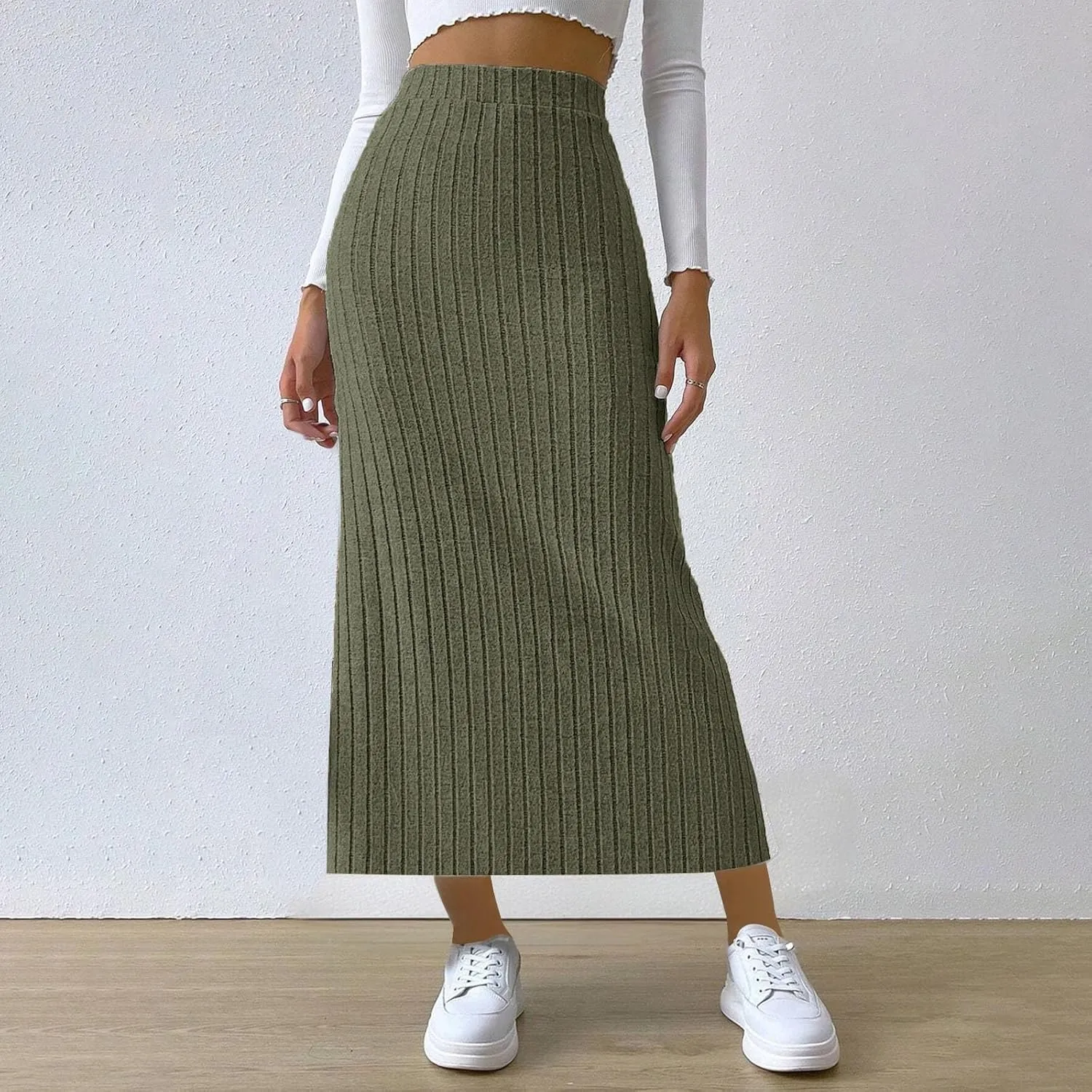 Oplxuo Women's Ribbed Knit Maxi Skirt with Side Slit - Stretchy Work Business Casual Pull-On High Waisted Pencil Skirts