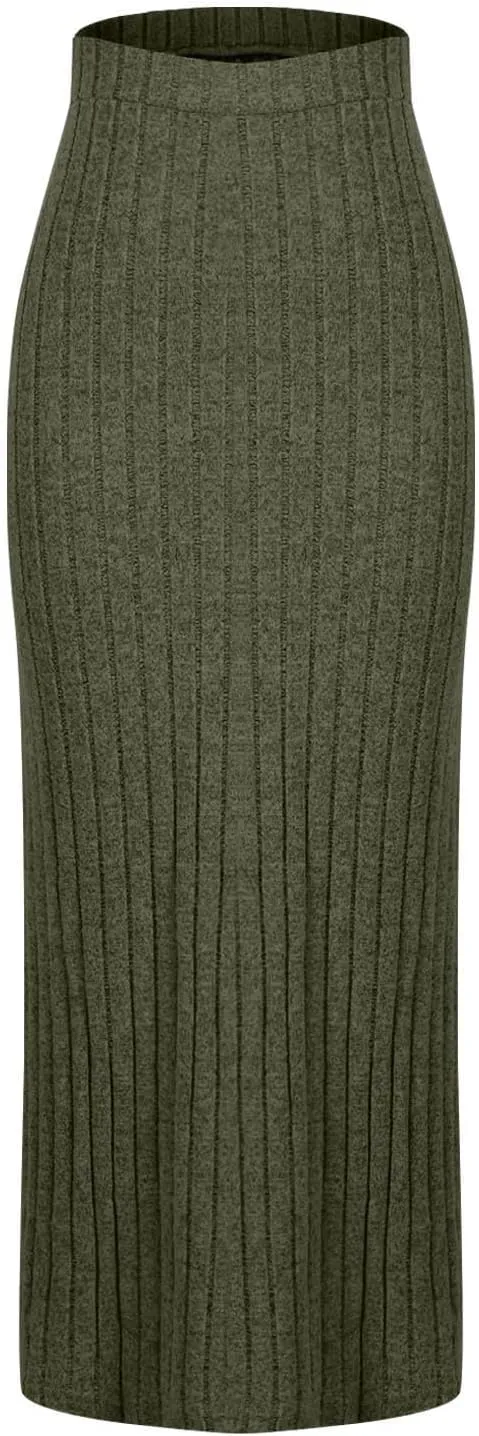 Oplxuo Women's Ribbed Knit Maxi Skirt with Side Slit - Stretchy Work Business Casual Pull-On High Waisted Pencil Skirts