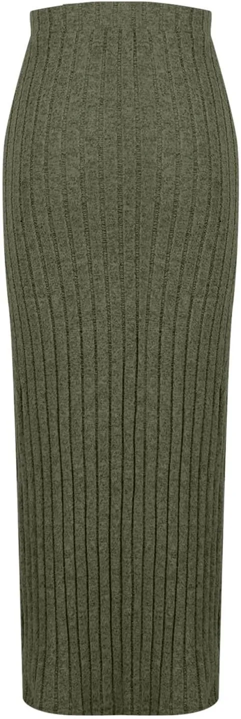Oplxuo Women's Ribbed Knit Maxi Skirt with Side Slit - Stretchy Work Business Casual Pull-On High Waisted Pencil Skirts