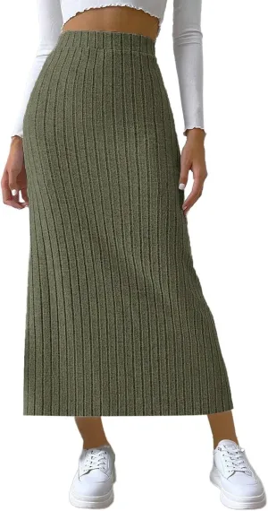 Oplxuo Women's Ribbed Knit Maxi Skirt with Side Slit - Stretchy Work Business Casual Pull-On High Waisted Pencil Skirts