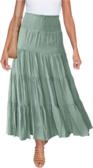 Oplxuo Women's Summer Flowy Boho Long Maxi Skirt Trendy Drawstring Elastic High Waist Pleated Tiered A Line Beach Skirts