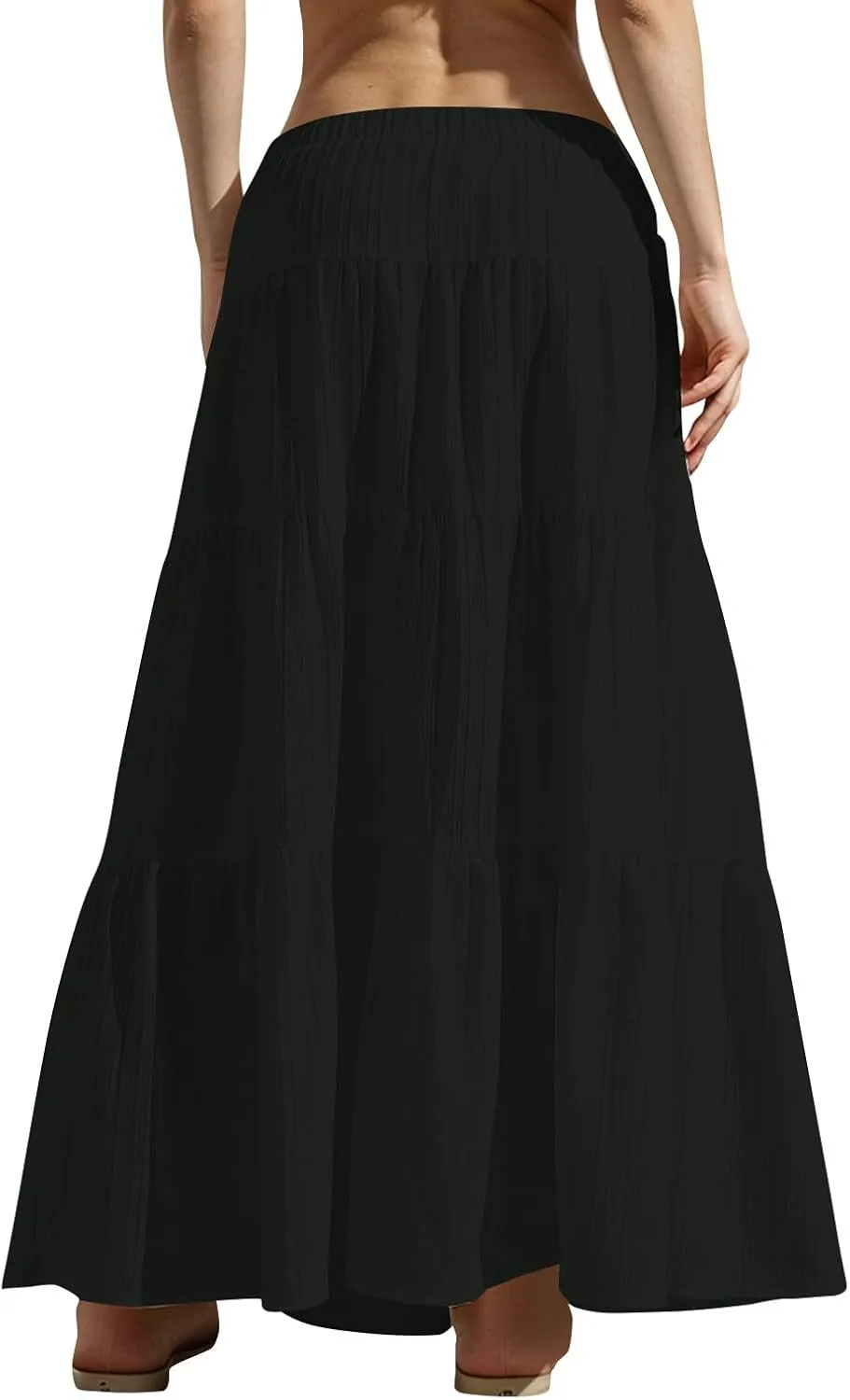 Oplxuo Women's Summer Maxi Skirt Casual Ruffle Tiered Pleated Drawstring Elastic High Waist Flowy Swing Long Skirts