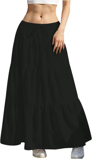Oplxuo Women's Summer Maxi Skirt Casual Ruffle Tiered Pleated Drawstring Elastic High Waist Flowy Swing Long Skirts