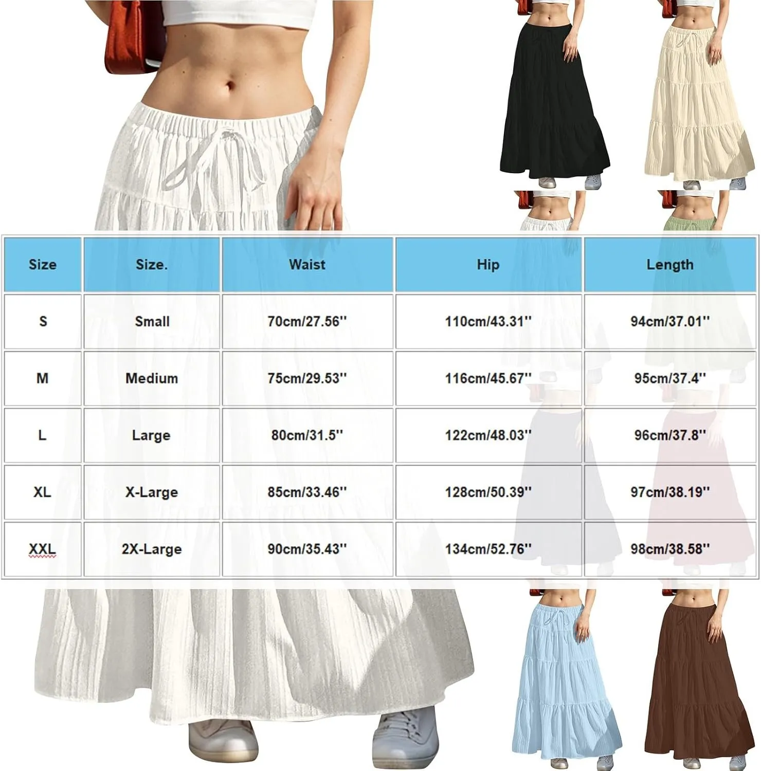 Oplxuo Women's Summer Maxi Skirt Casual Ruffle Tiered Pleated Drawstring Elastic High Waist Flowy Swing Long Skirts