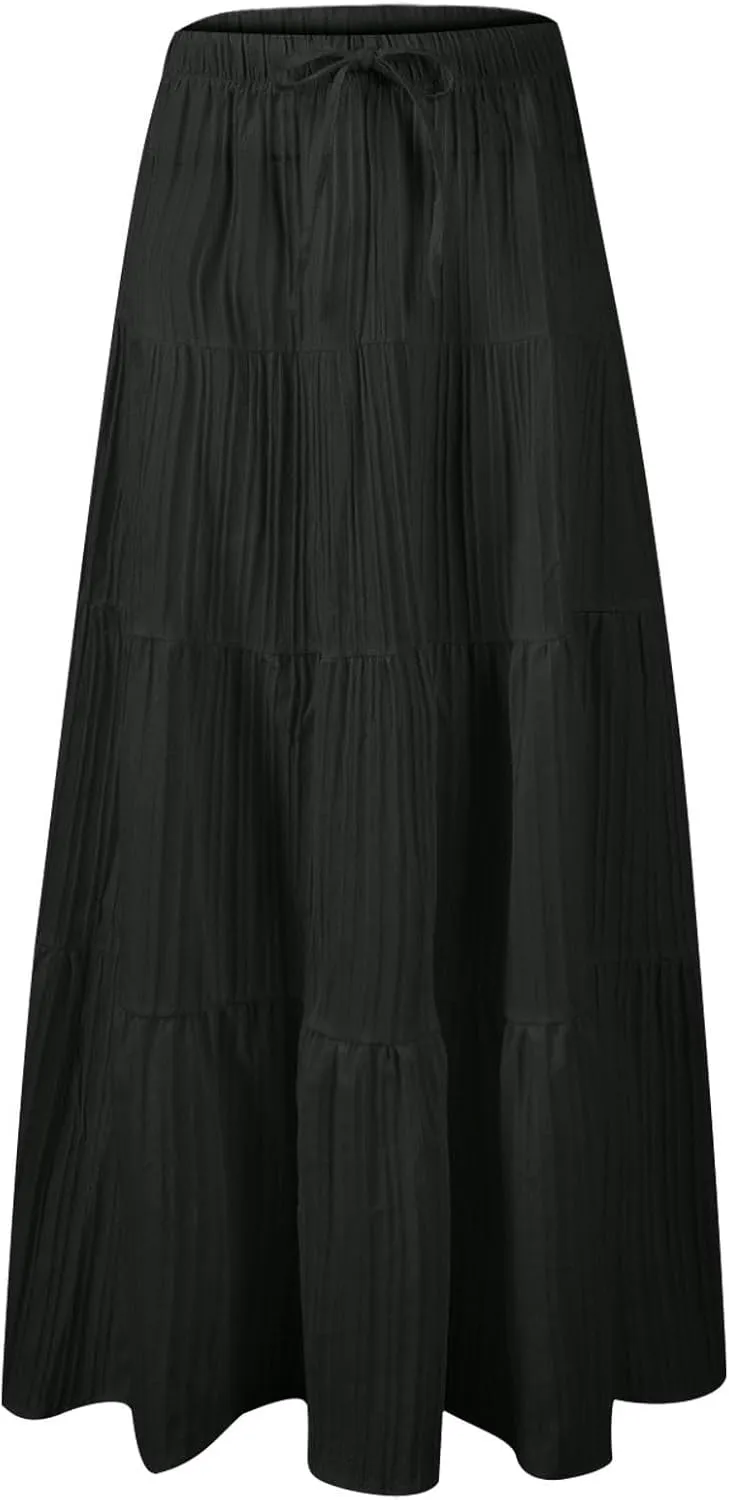 Oplxuo Women's Summer Maxi Skirt Casual Ruffle Tiered Pleated Drawstring Elastic High Waist Flowy Swing Long Skirts