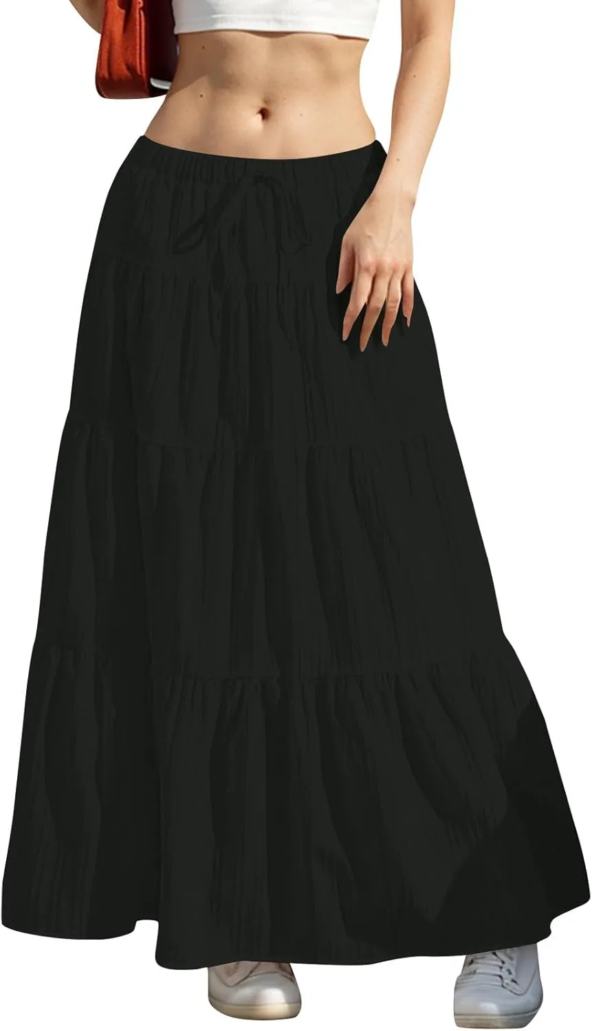 Oplxuo Women's Summer Maxi Skirt Casual Ruffle Tiered Pleated Drawstring Elastic High Waist Flowy Swing Long Skirts
