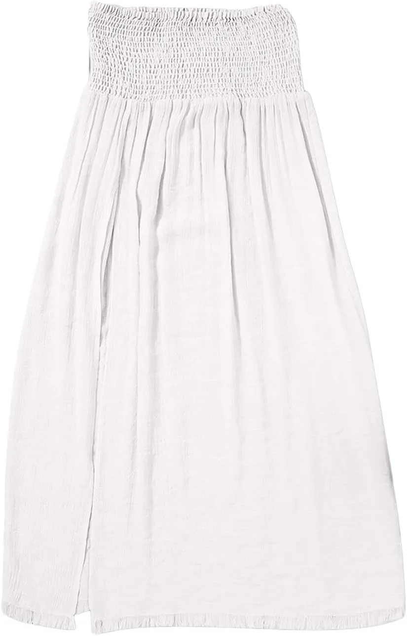Oplxuo Womens Summer Maxi Skirt with High Slit Sexy See-Through Smocked Elastic Waist Beach Cover Up Long Skirts