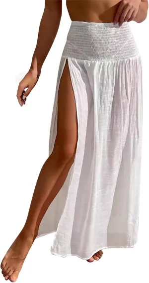Oplxuo Womens Summer Maxi Skirt with High Slit Sexy See-Through Smocked Elastic Waist Beach Cover Up Long Skirts