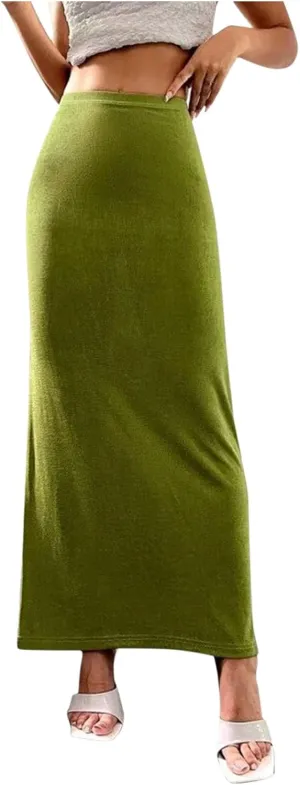 Oplxuo Women's Velvet Skirts Elegant Casual High Waist Solid Bodycon Long Maxi Skirt