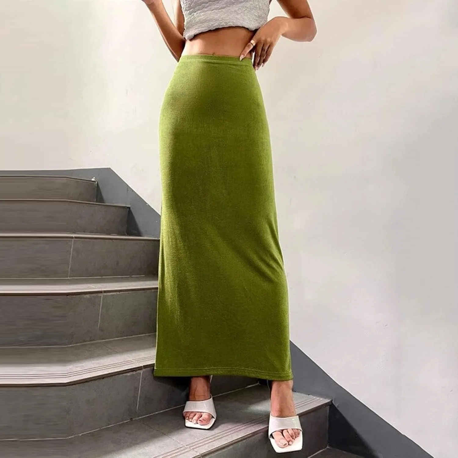 Oplxuo Women's Velvet Skirts Elegant Casual High Waist Solid Bodycon Long Maxi Skirt