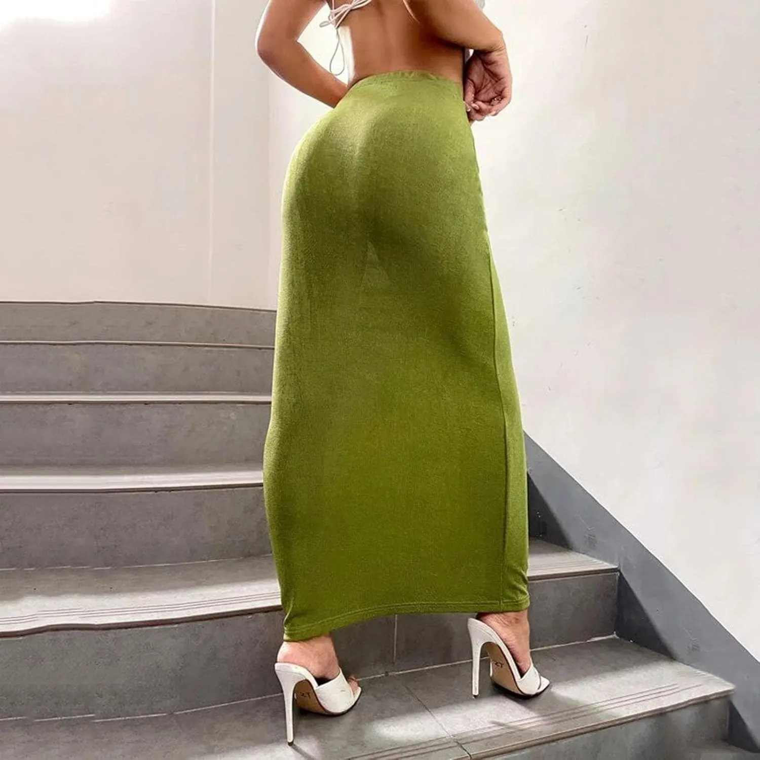 Oplxuo Women's Velvet Skirts Elegant Casual High Waist Solid Bodycon Long Maxi Skirt
