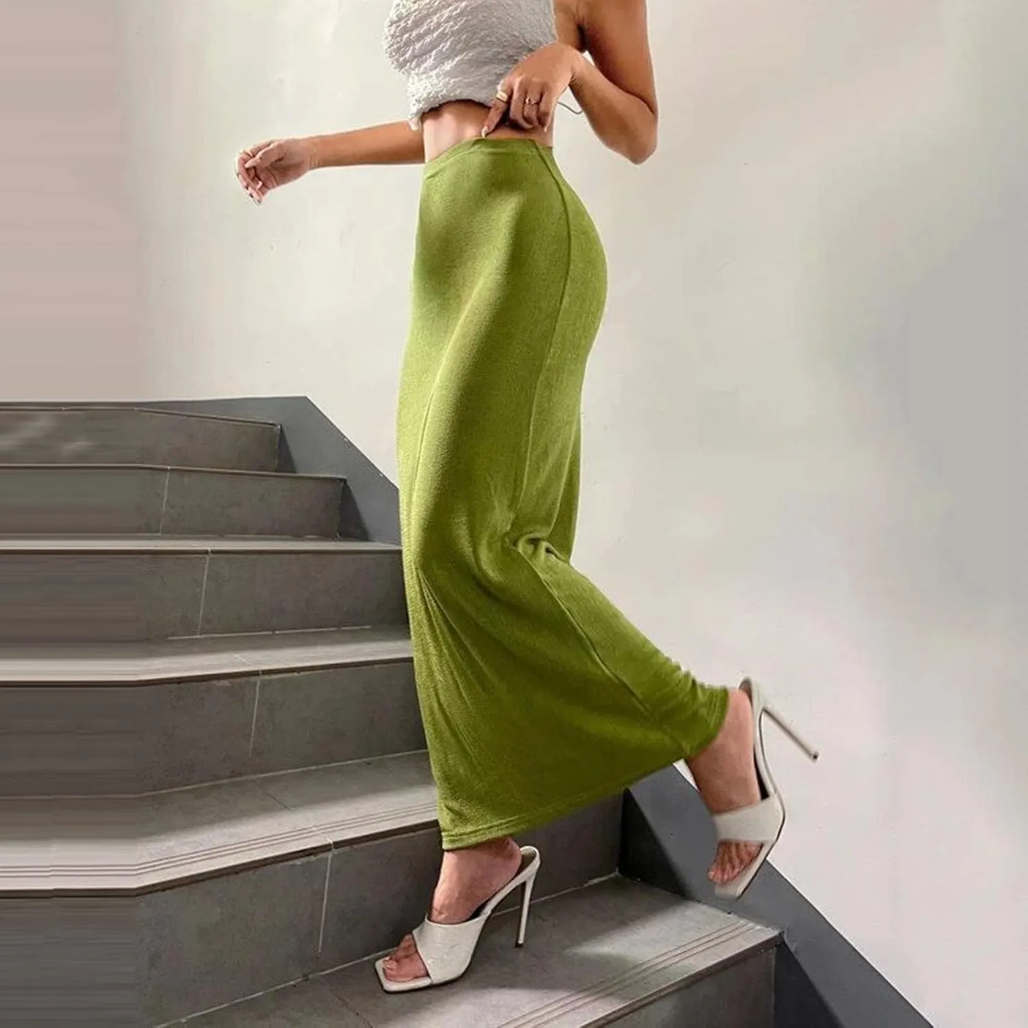 Oplxuo Women's Velvet Skirts Elegant Casual High Waist Solid Bodycon Long Maxi Skirt