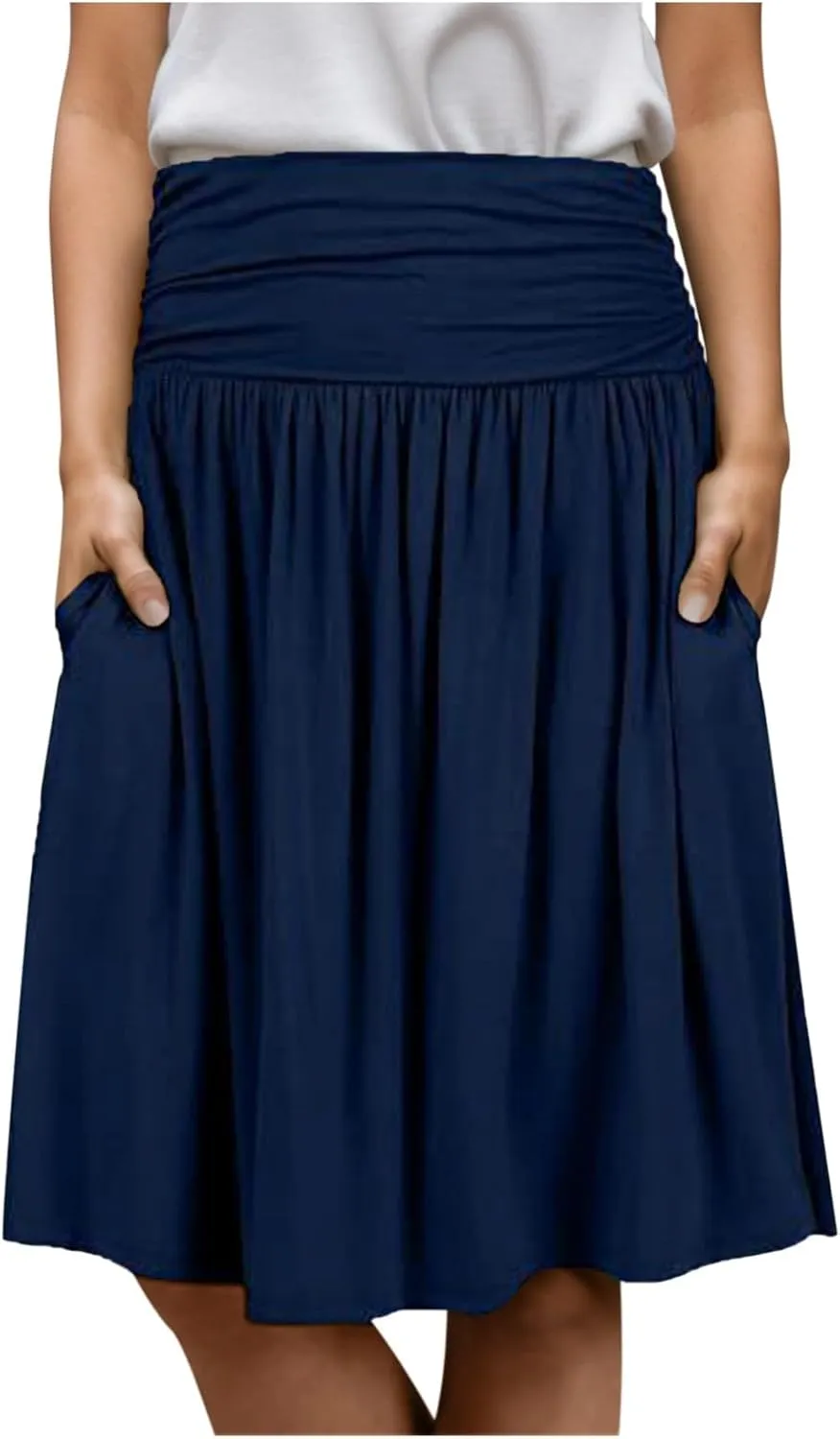 Pleated Midi Skirts for Women 2025 Summer High Waisted Solid Color Flowy A-Line Skirt with Pockets
