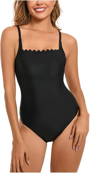 Plus Size Bathing Suit for Women Vintage Retro Scallop Trim Square Neck Swimwear 2025 Summer One Piece Swimsuits