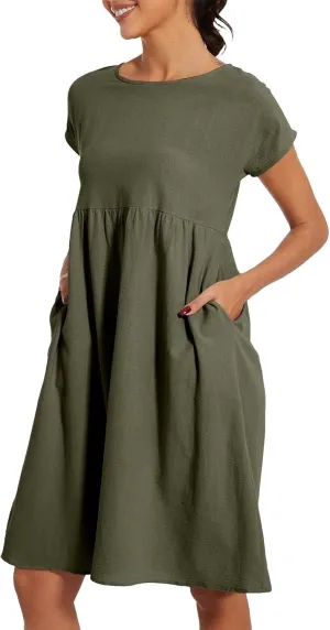 Plus Size Cotton Linen Mini Dress for Women Round Neck High Waisted Pleated Loose Fit Plain Soft Summer Dresses 2025