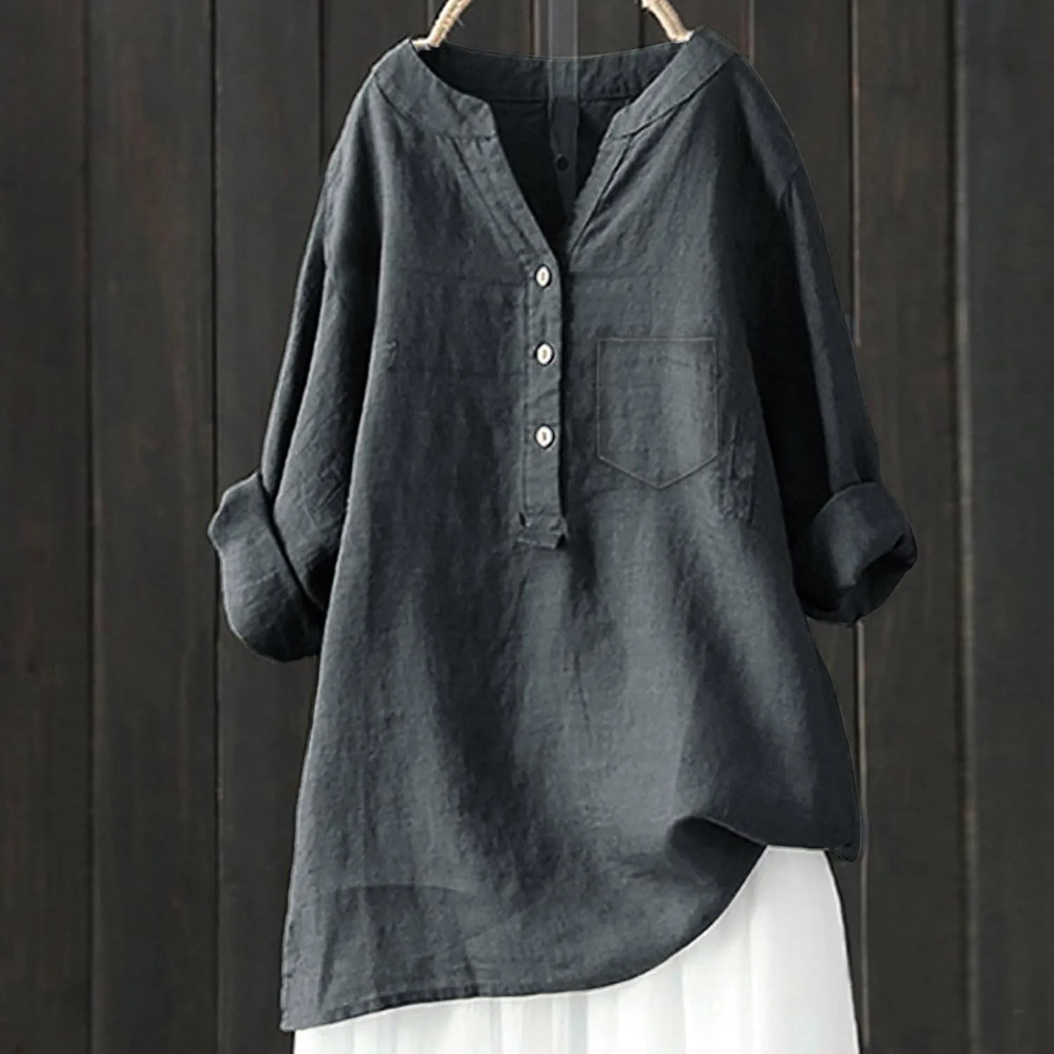 Plus Size Linen Tops for Women Summer Loose V Neck Button Down Long Sleeve T-Shirts Casual Plain Pullover Tee Shirts