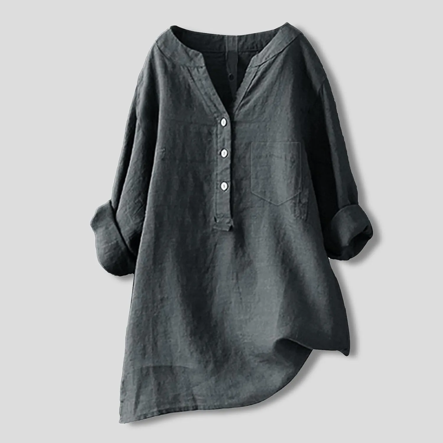 Plus Size Linen Tops for Women Summer Loose V Neck Button Down Long Sleeve T-Shirts Casual Plain Pullover Tee Shirts