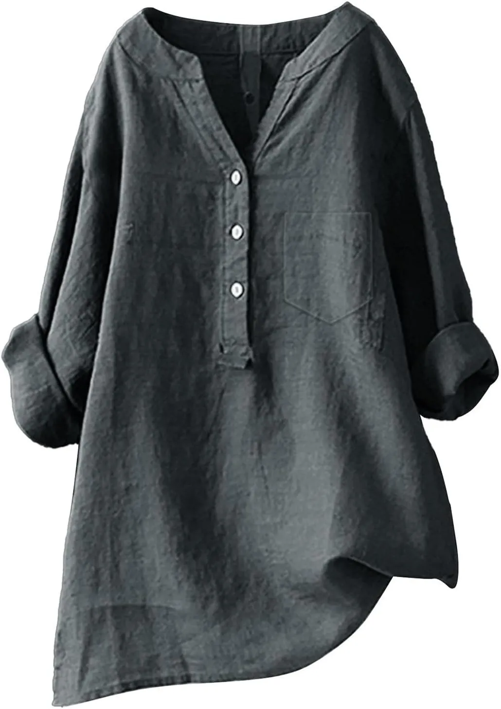 Plus Size Linen Tops for Women Summer Loose V Neck Button Down Long Sleeve T-Shirts Casual Plain Pullover Tee Shirts