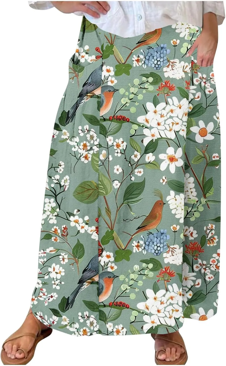Plus Size Skirts for Women 2025 Summer Trendy Daisy Printed Boho Beach Skirt with Pocket Baggy Flowy Skirt