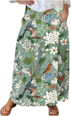 Plus Size Skirts for Women 2025 Summer Trendy Daisy Printed Boho Beach Skirt with Pocket Baggy Flowy Skirt