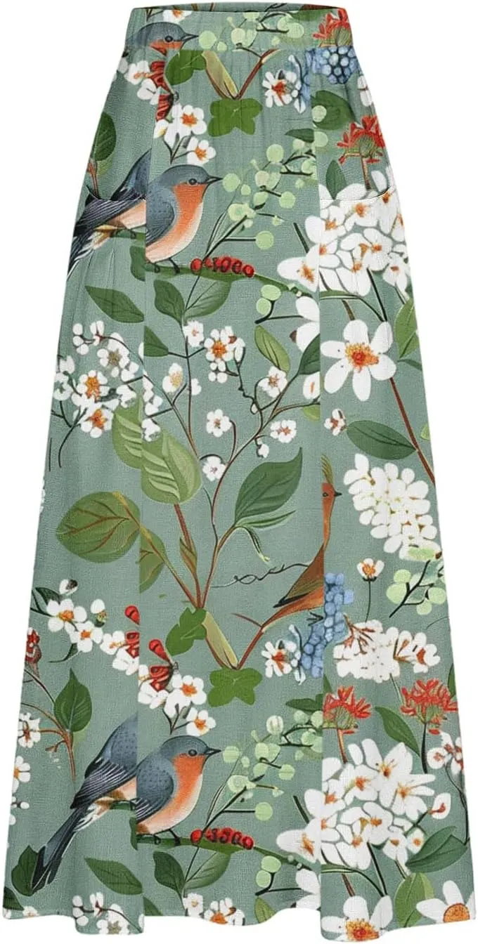 Plus Size Skirts for Women 2025 Summer Trendy Daisy Printed Boho Beach Skirt with Pocket Baggy Flowy Skirt