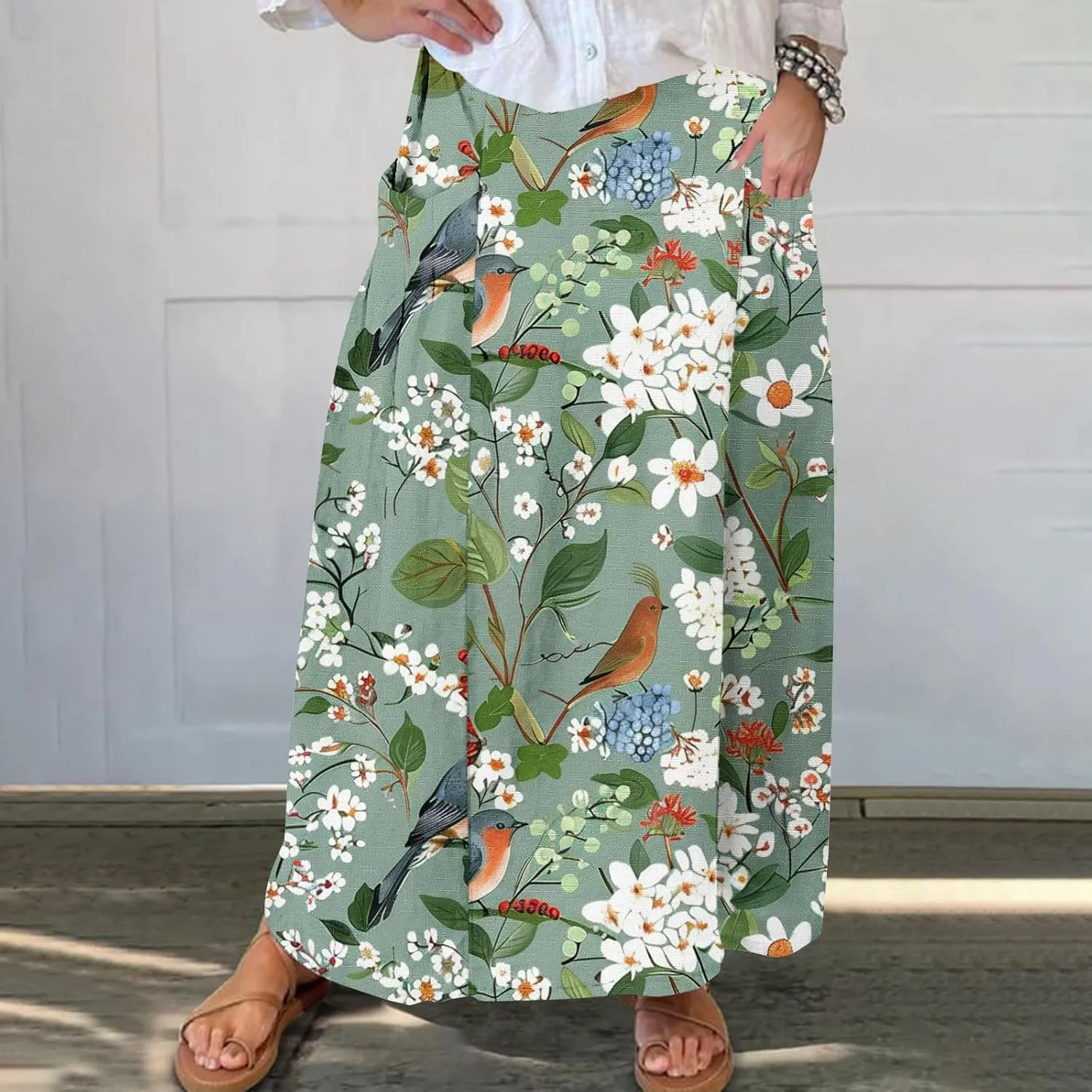 Plus Size Skirts for Women 2025 Summer Trendy Daisy Printed Boho Beach Skirt with Pocket Baggy Flowy Skirt