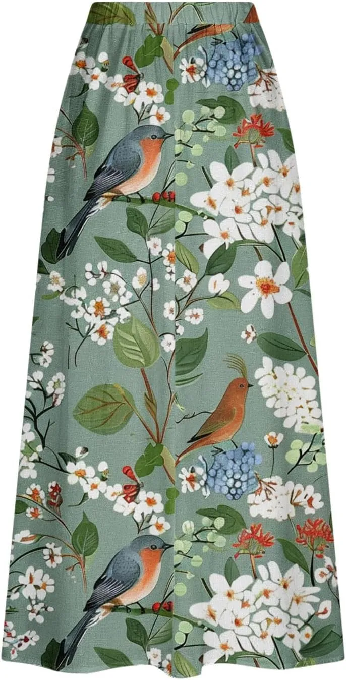 Plus Size Skirts for Women 2025 Summer Trendy Daisy Printed Boho Beach Skirt with Pocket Baggy Flowy Skirt