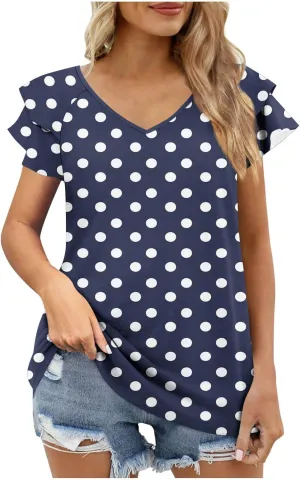 Polka Dots Shirt for Women Ruffle Short Sleeve V Neck Dressy Blouses Casual Loose Fit Lightweight Summer Tops