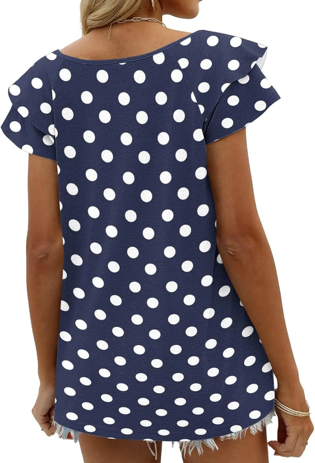 Polka Dots Shirt for Women Ruffle Short Sleeve V Neck Dressy Blouses Casual Loose Fit Lightweight Summer Tops