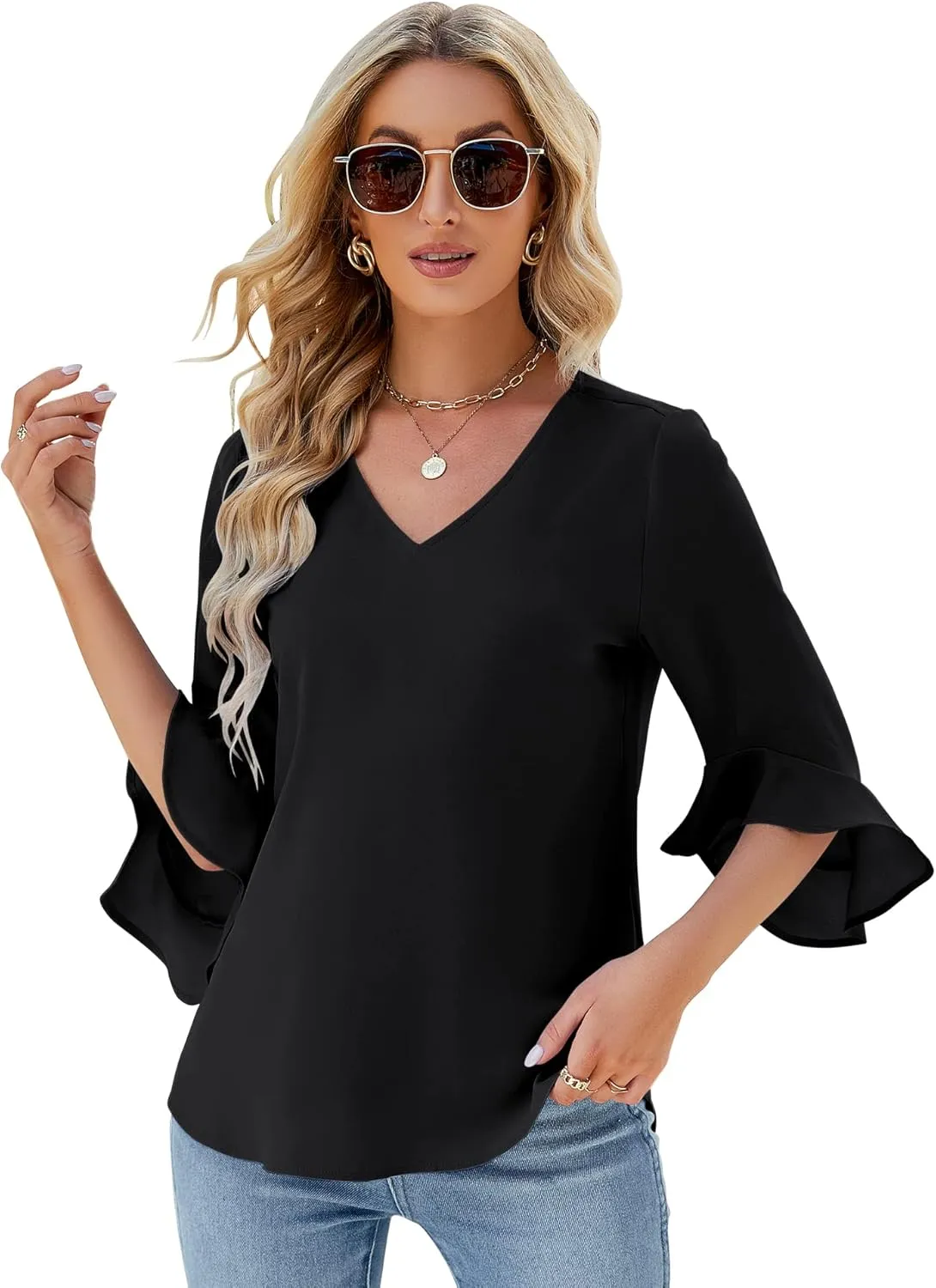Qirno Chiffon Blouses for Women Ruffle 3/4 Sleeve Dressy V Neck Casual Flowy Tunic Tops