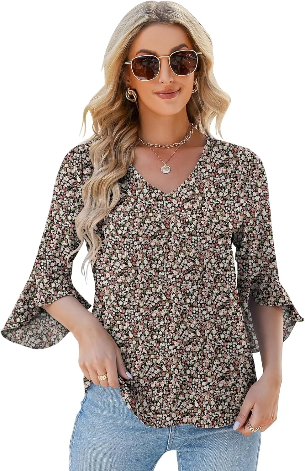 Qirno Chiffon Blouses for Women Ruffle 3/4 Sleeve Dressy V Neck Casual Flowy Tunic Tops