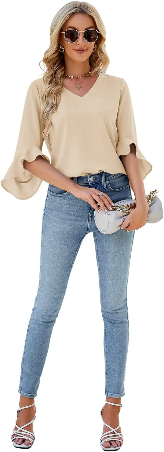 Qirno Chiffon Blouses for Women Ruffle 3/4 Sleeve Dressy V Neck Casual Flowy Tunic Tops