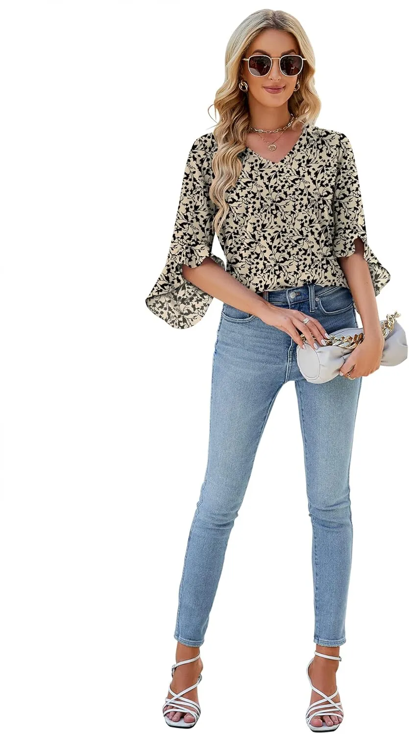 Qirno Chiffon Blouses for Women Ruffle 3/4 Sleeve Dressy V Neck Casual Flowy Tunic Tops