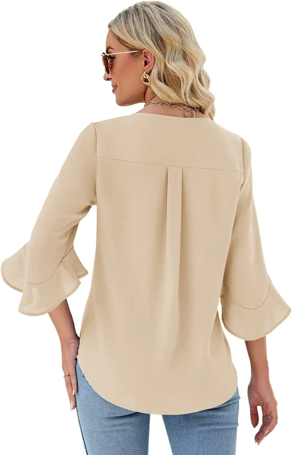 Qirno Chiffon Blouses for Women Ruffle 3/4 Sleeve Dressy V Neck Casual Flowy Tunic Tops