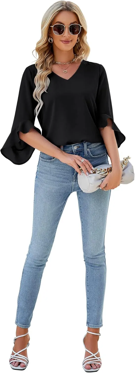 Qirno Chiffon Blouses for Women Ruffle 3/4 Sleeve Dressy V Neck Casual Flowy Tunic Tops