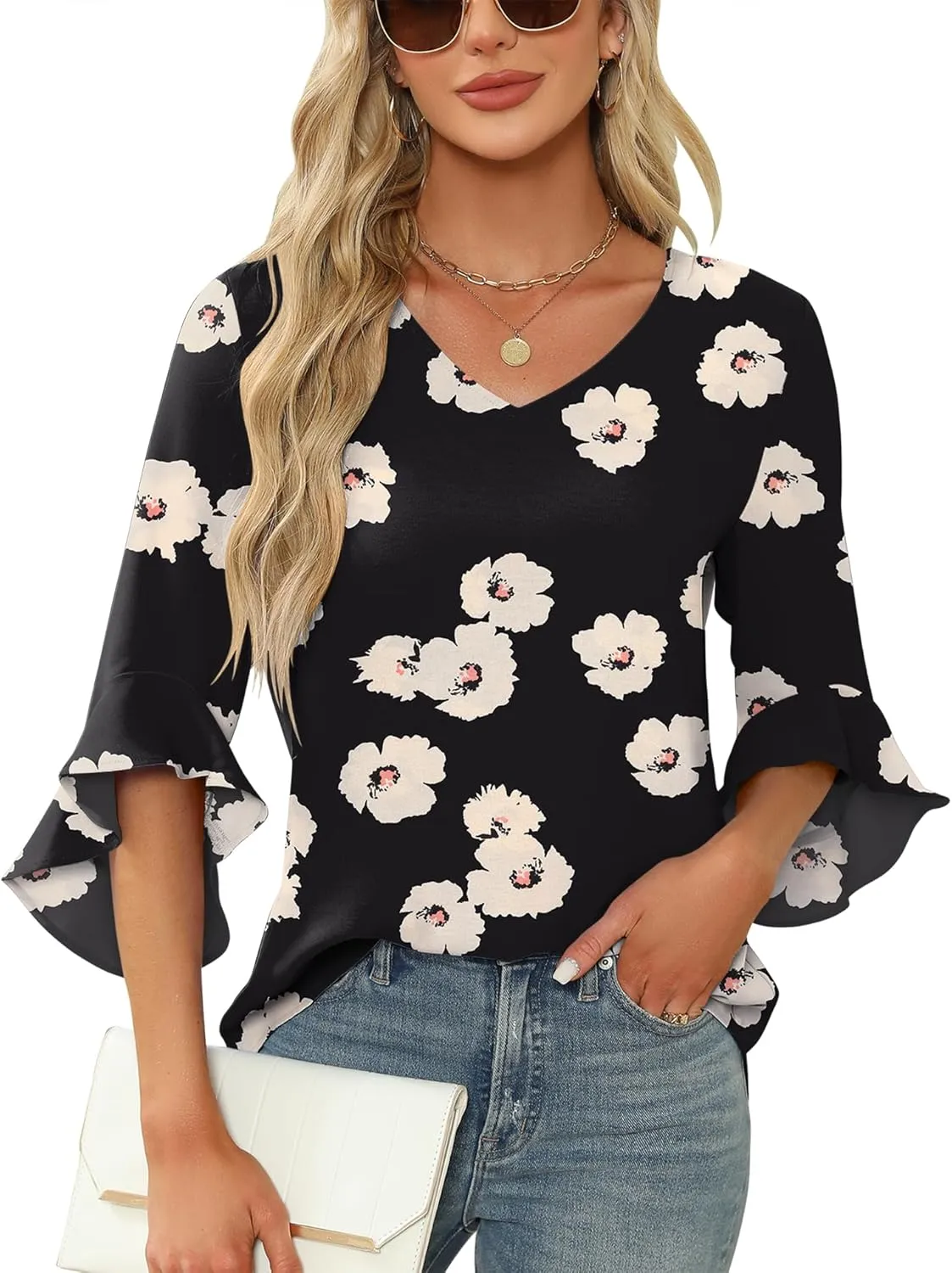 Qirno Chiffon Blouses for Women Ruffle 3/4 Sleeve Dressy V Neck Casual Flowy Tunic Tops
