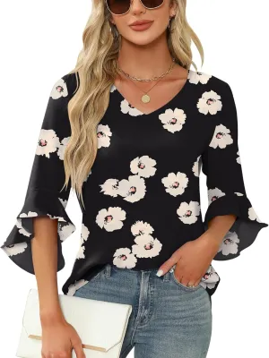 Qirno Chiffon Blouses for Women Ruffle 3/4 Sleeve Dressy V Neck Casual Flowy Tunic Tops