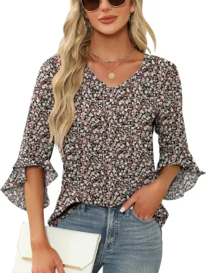 Qirno Chiffon Blouses for Women Ruffle 3/4 Sleeve Dressy V Neck Casual Flowy Tunic Tops