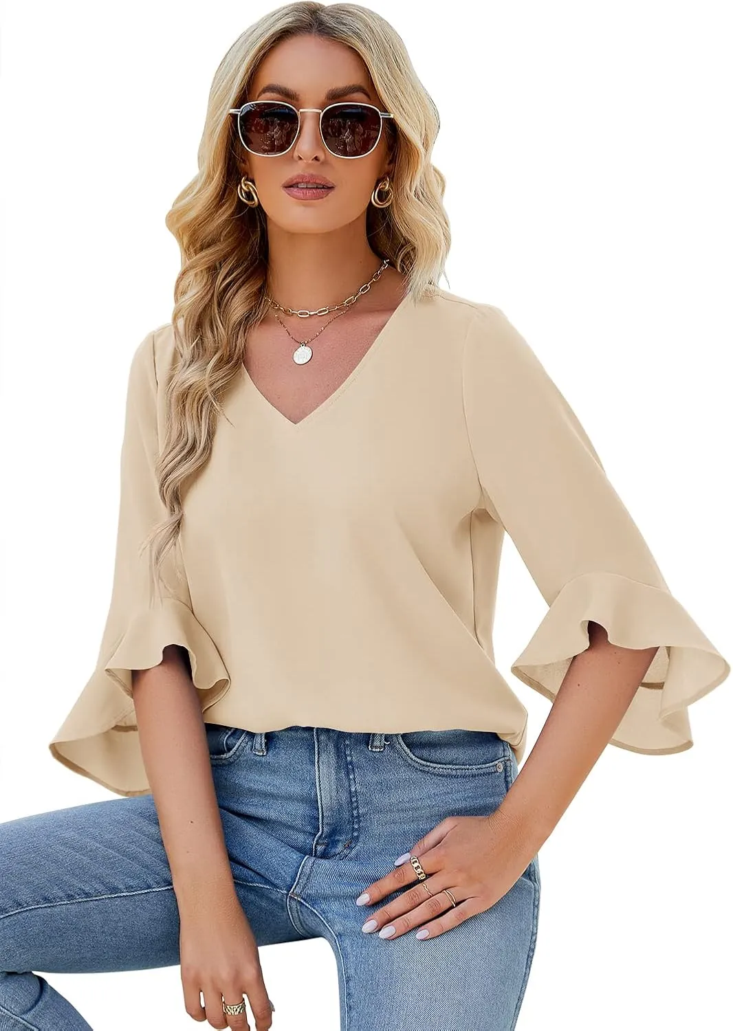 Qirno Chiffon Blouses for Women Ruffle 3/4 Sleeve Dressy V Neck Casual Flowy Tunic Tops
